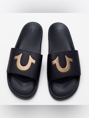 True Religion Black Slide Sandals Matte Gold Horseshoe Logo Size 43